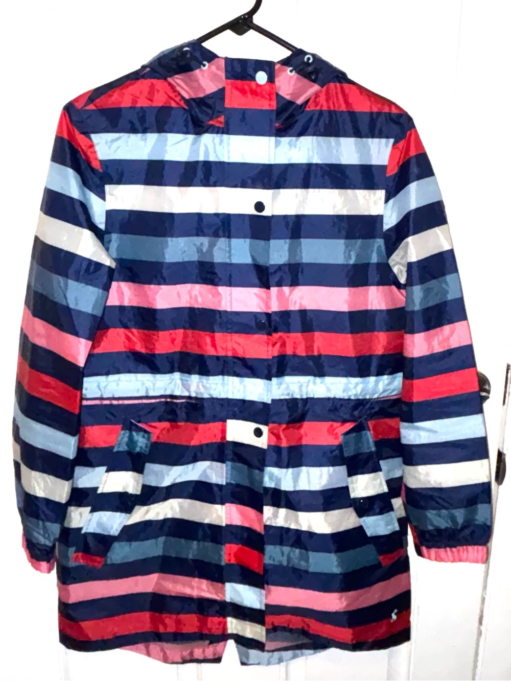 Joules Right as Rain Striped Waterproof Hooded Raincoat Navy Pink Red Medium